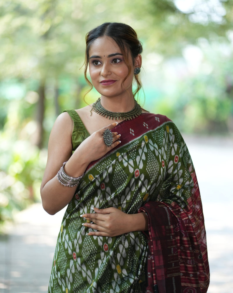 Sap Green Khandua Silk Saree, Pasapalli, Odisha