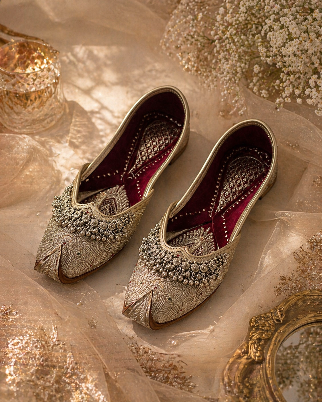 Maroon Gold Zari Floral Juttis