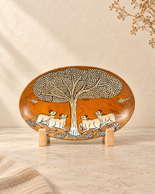 Four Cows Under a Leafy Tree with Birds | Pattachitra painting plate