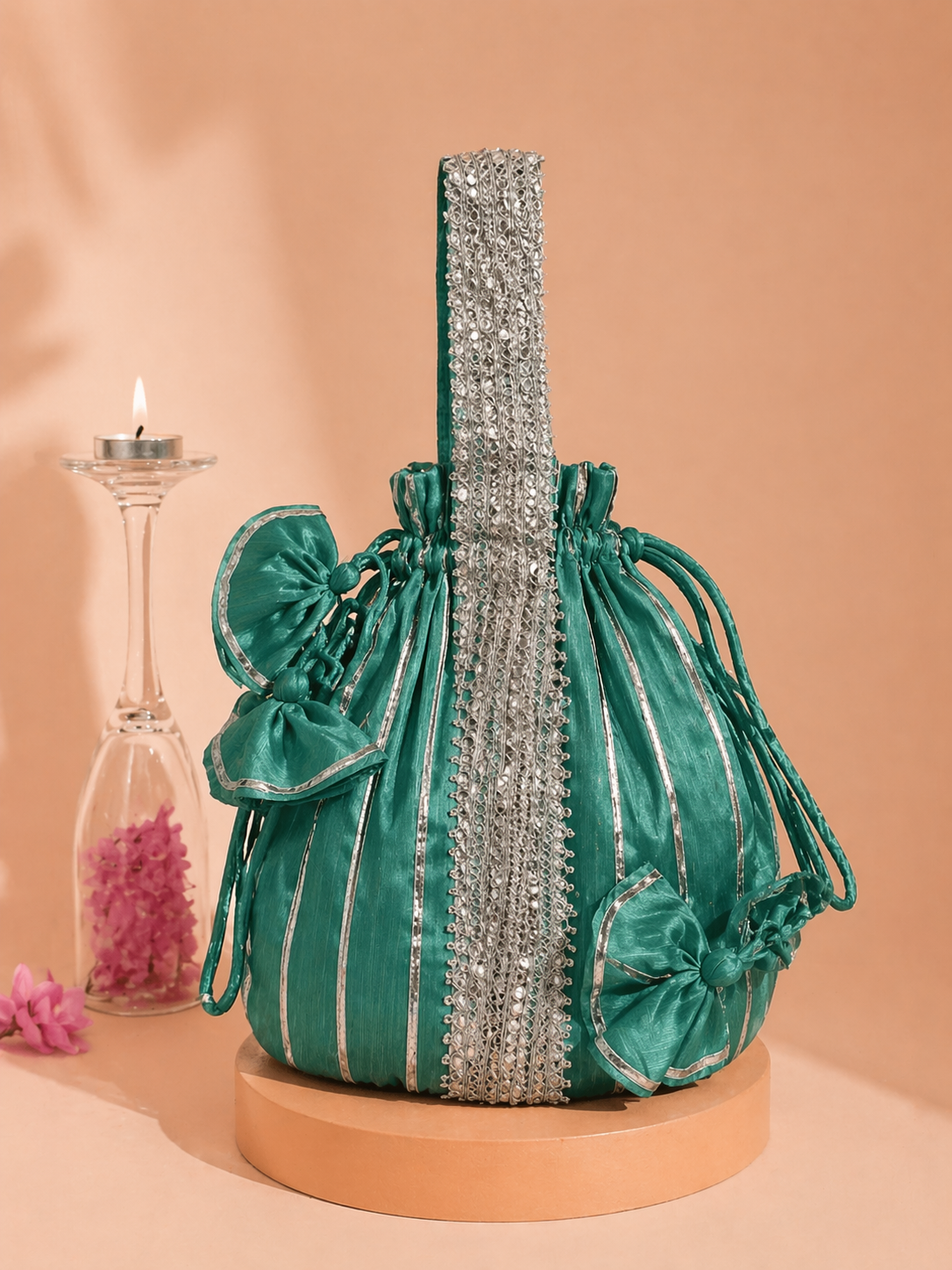 Sea Green Silk Potli Bag with Silver Embellished Panel & Drawstring Detailing for Festive Wear