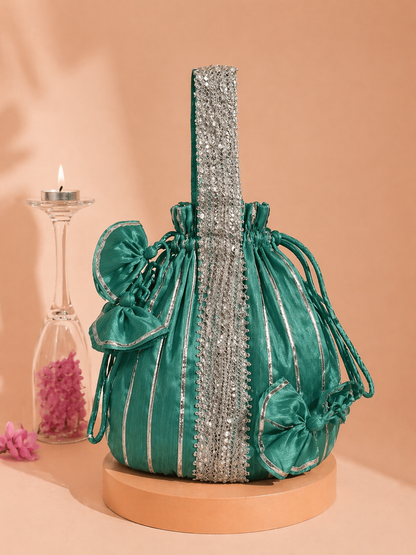 Sea Green Silk Potli Bag with Silver Embellished Panel & Drawstring Detailing for Festive Wear
