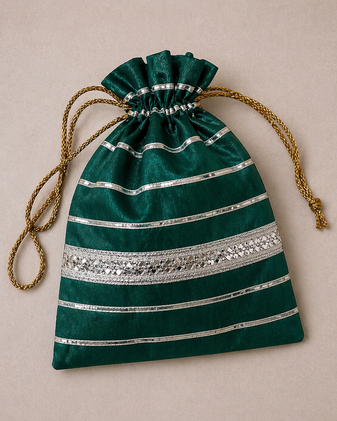 Emerald Green Silk Potli Bag with Silver Zari Stripes for Festive & Wedding Wear for womens