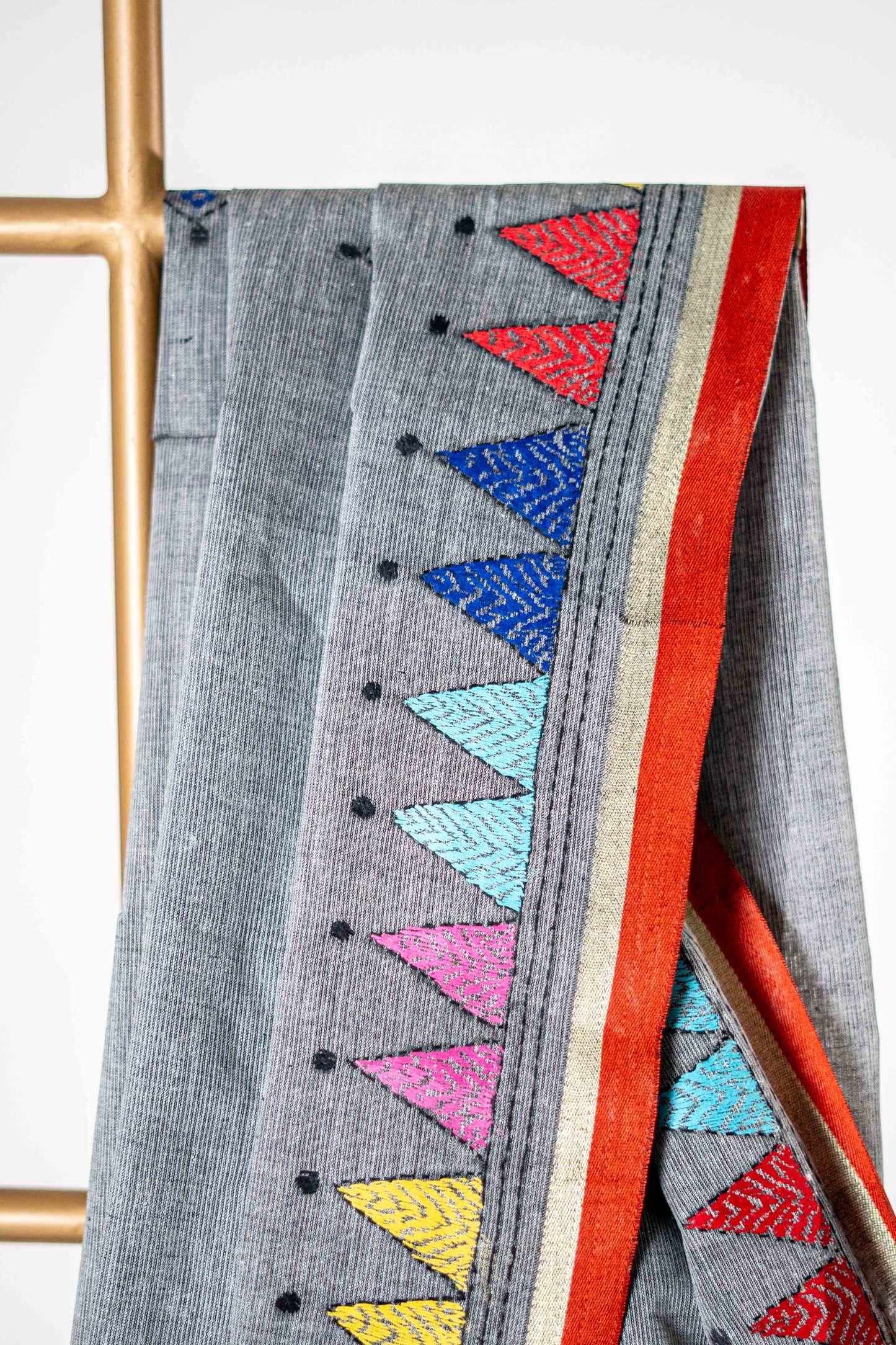 Grey Pure Kantha Cotton Saree with Multicoloured Hand Embroidery