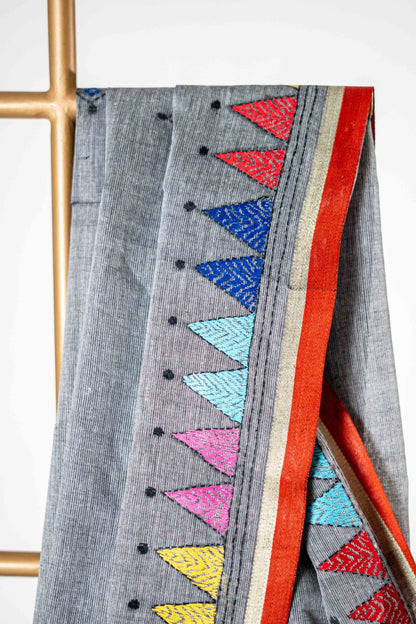Grey Pure Kantha Cotton Saree with Multicoloured Hand Embroidery