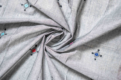 Grey Pure Kantha Cotton Saree with Multicoloured Hand Embroidery
