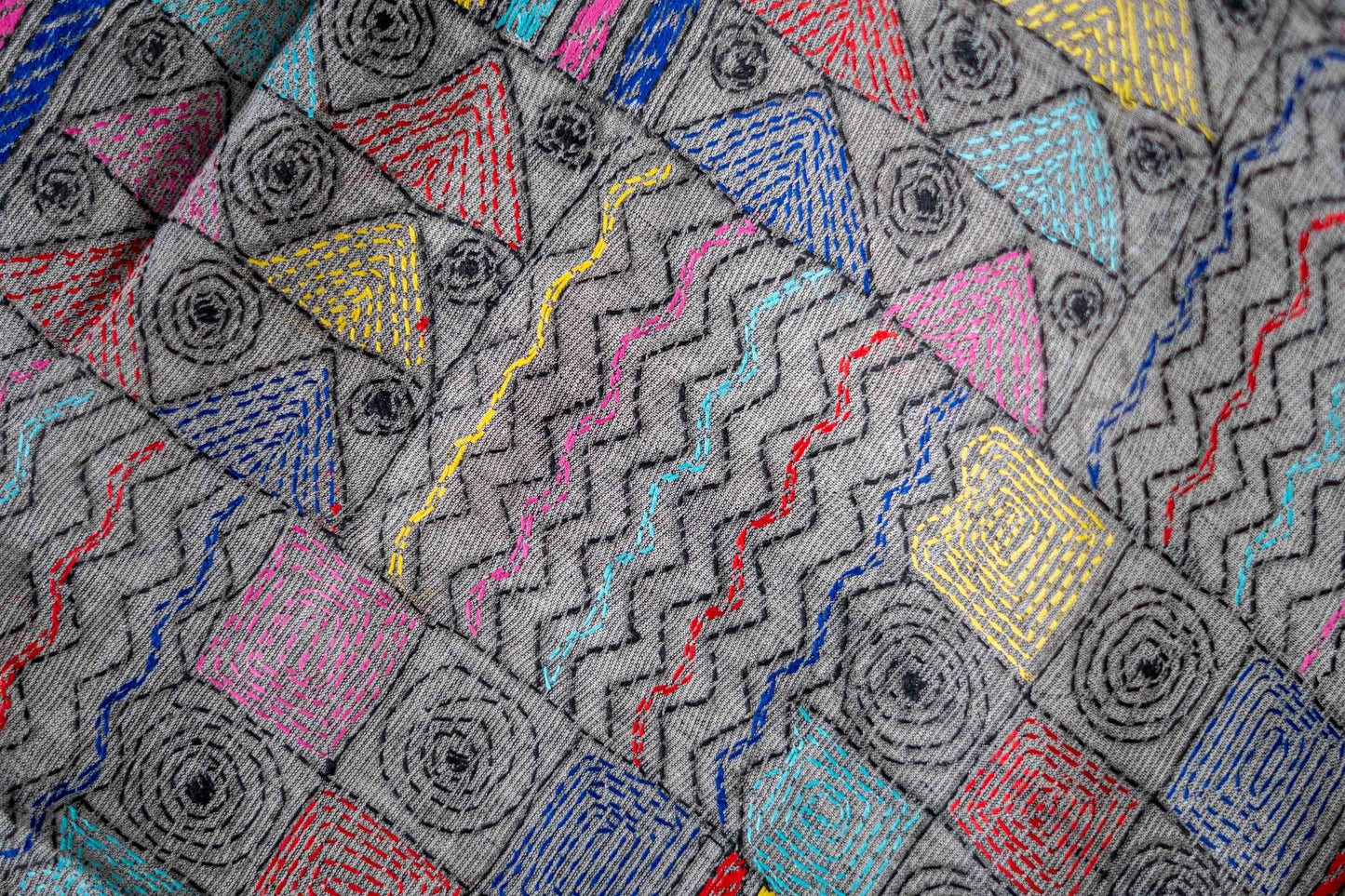 Grey Pure Kantha Cotton Saree with Multicoloured Hand Embroidery