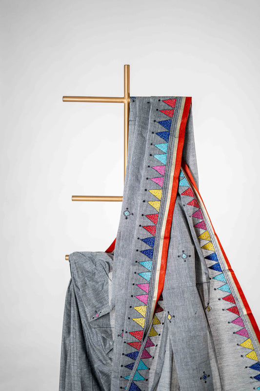 Grey Pure Kantha Cotton Saree with Multicoloured Hand Embroidery - Atulyakarigari