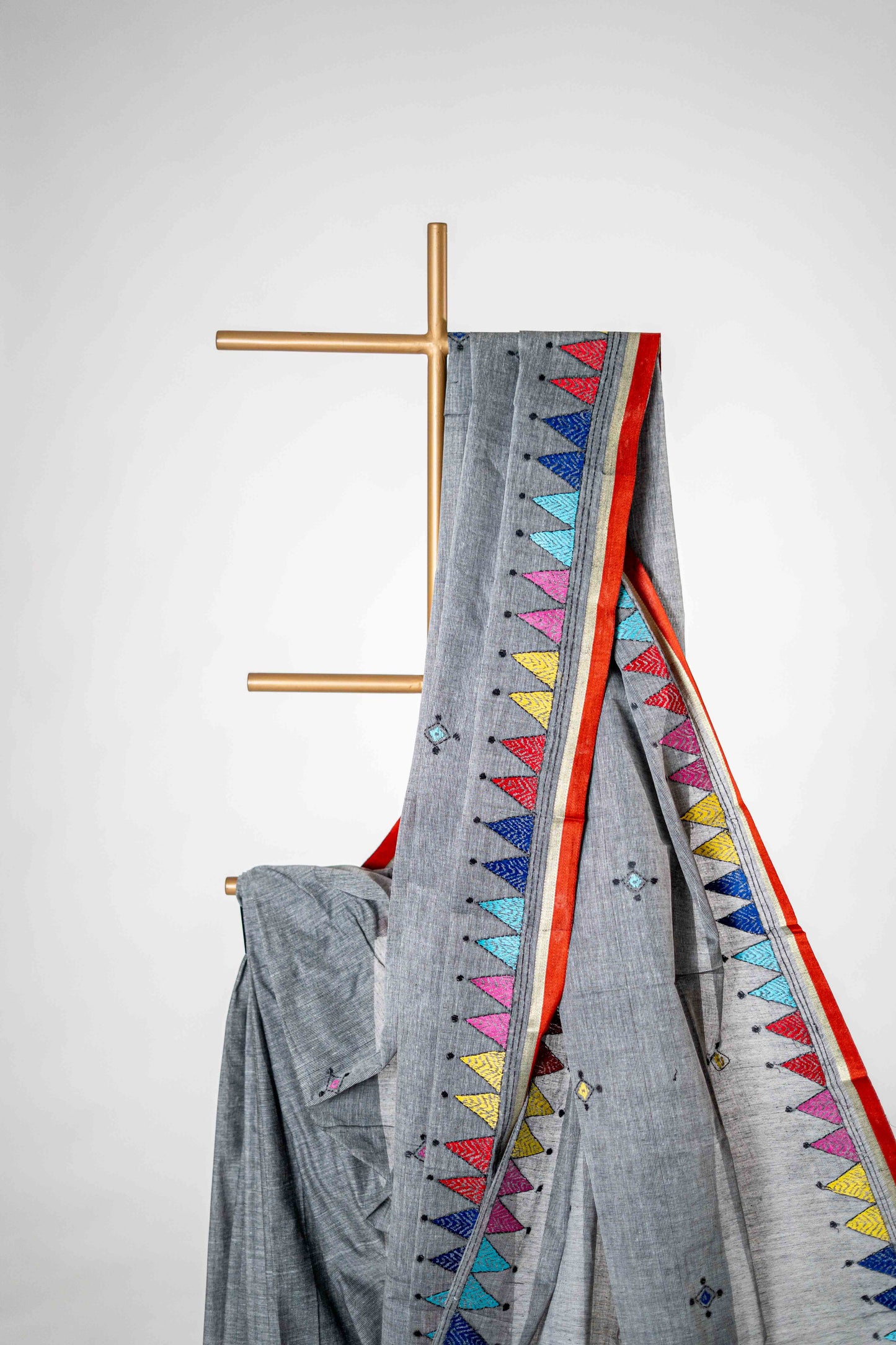 Grey Pure Kantha Cotton Saree with Multicoloured Hand Embroidery