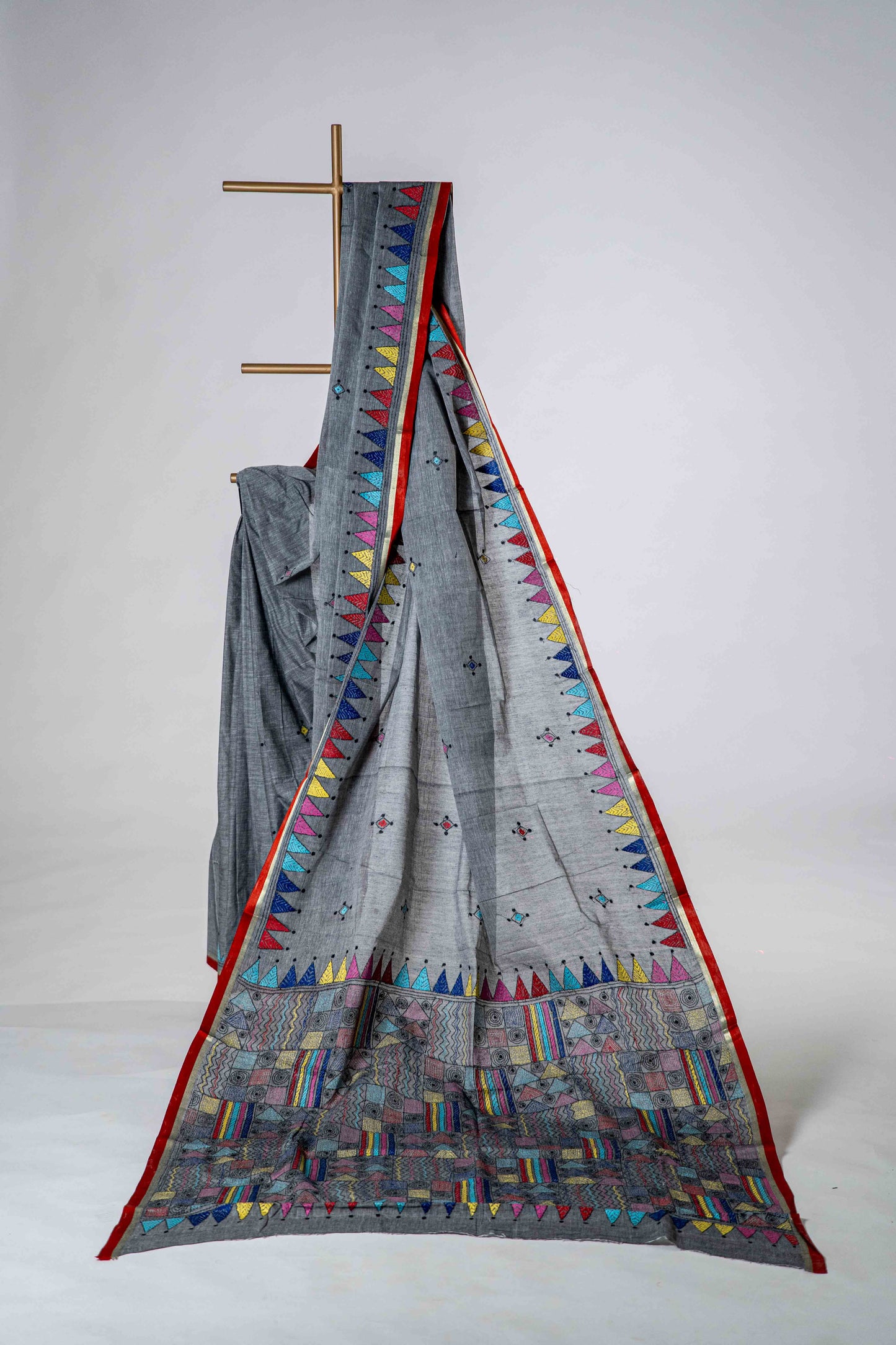 Grey Pure Kantha Cotton Saree with Multicoloured Hand Embroidery
