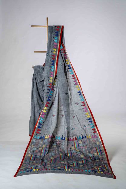 Grey Pure Kantha Cotton Saree with Multicoloured Hand Embroidery
