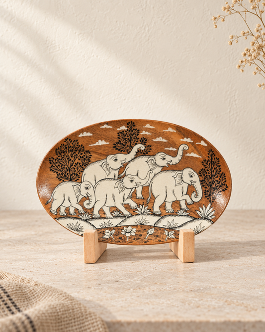 Herd of Five Elephants in a Traditional Landscape | Pattachitra painting plate