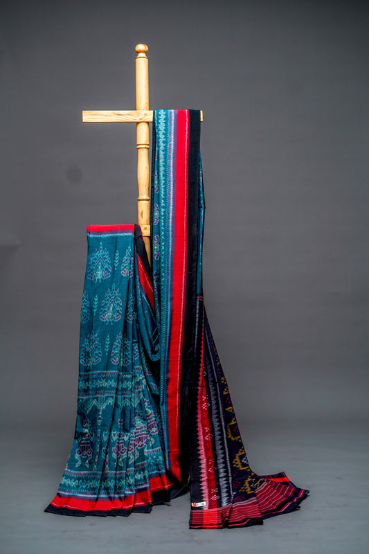 Sambalpuri Cotton( Deep Teal Green Base with Multi-Coloured Ikat Motifs)