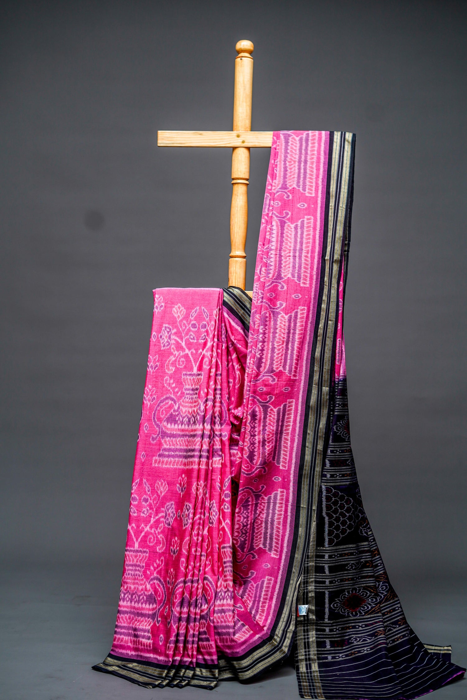 Sambalpuri Cotton Saree ( Magenta Pink with Black Pallu) - Atulyakarigari