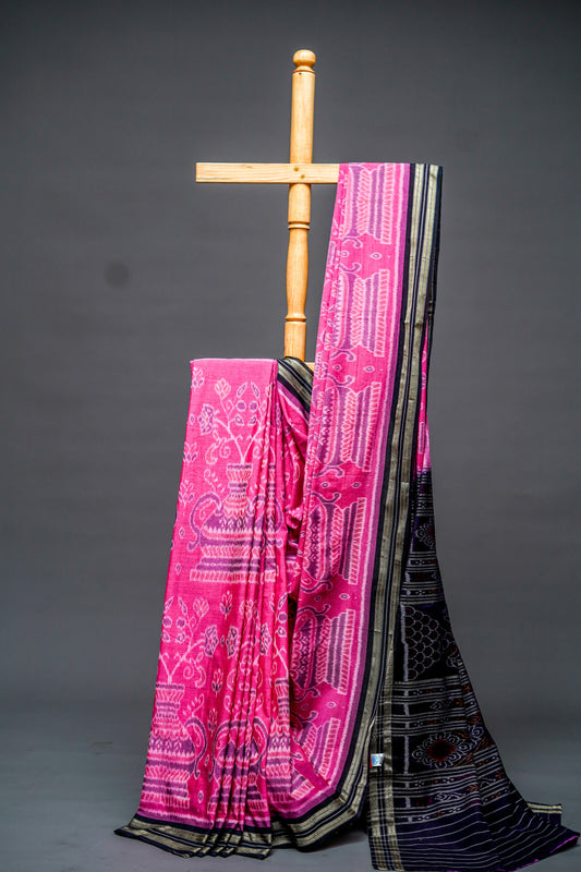 Sambalpuri Cotton( Magenta Pink with Black Pallu)