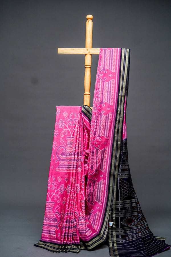 Sambalpuri Cotton Saree ( Magenta Pink with Black Pallu) - Atulyakarigari