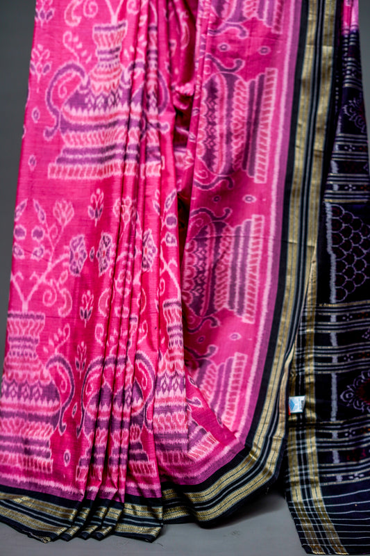 Sambalpuri Cotton Saree ( Magenta Pink with Black Pallu) - Atulyakarigari