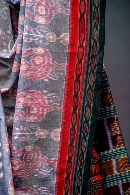 Sambalpuri Cotton (Slate Grey with Red)