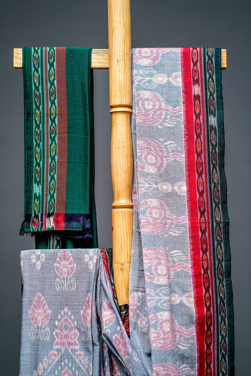 Soft Grey Sambalpuri Cotton Saree, Ikat