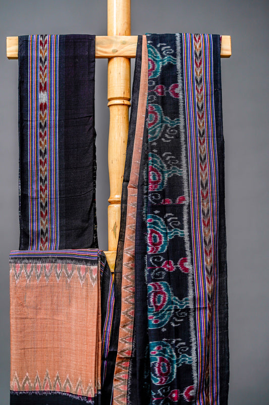 Sambalpuri Cotton Saree ( Black Base with Teal) - Atulyakarigari