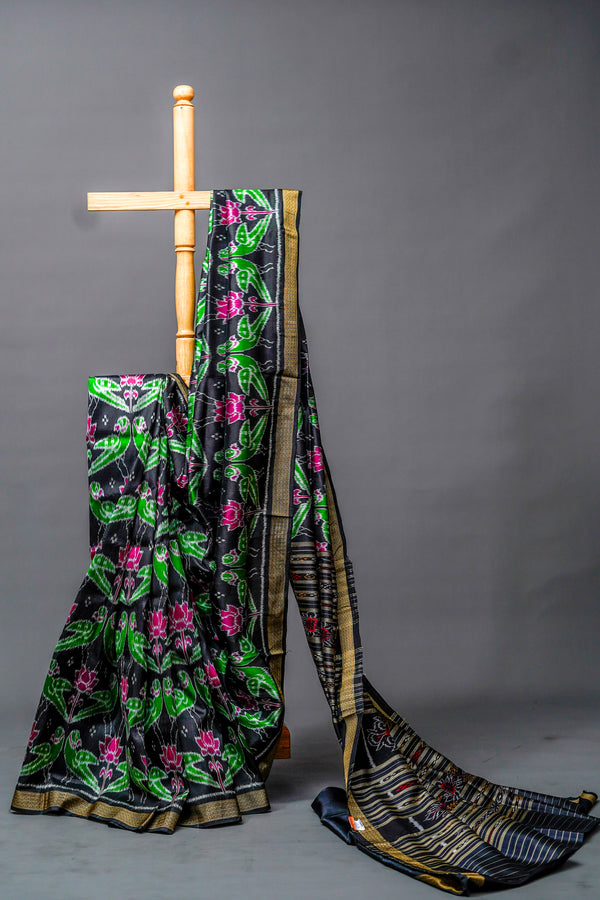 Khandua Silk Saree (Deep Black Base with Green)