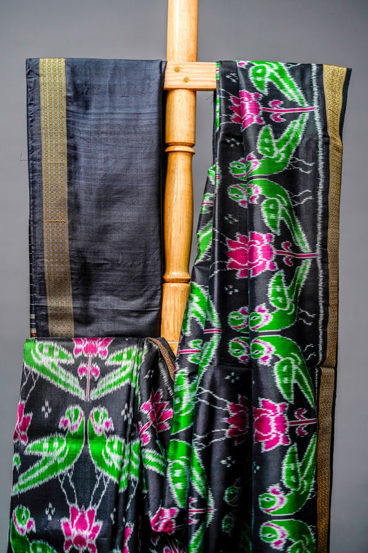 Khandua Silk Saree (Deep Black Base with Green) - Atulyakarigari