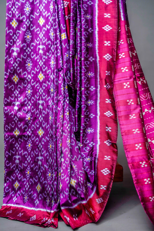 Khandua Silk Saree (Deep Purple with Magenta Border) - Atulyakarigari
