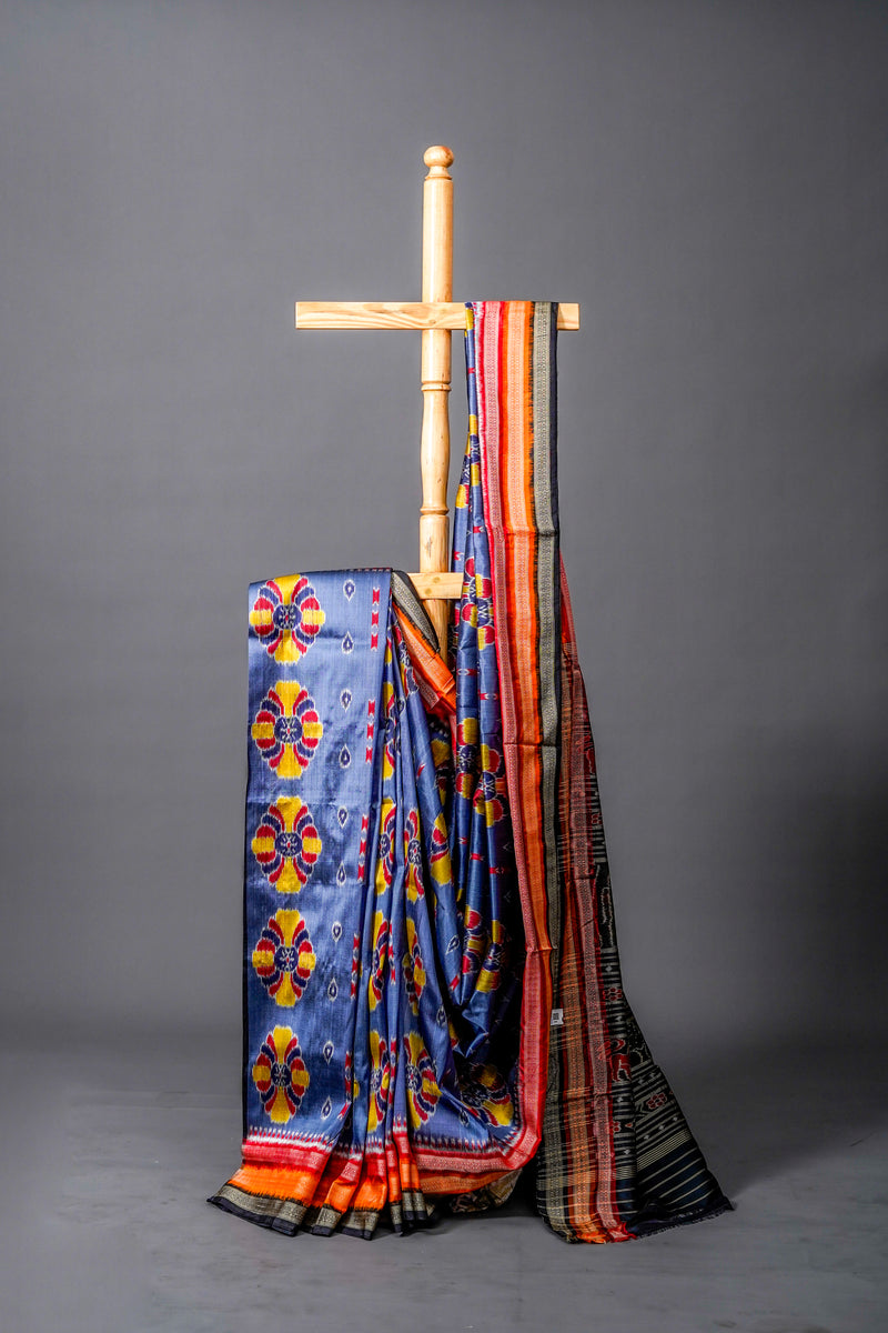 Slate Blue Khandua Silk Saree, Odisha Handloom