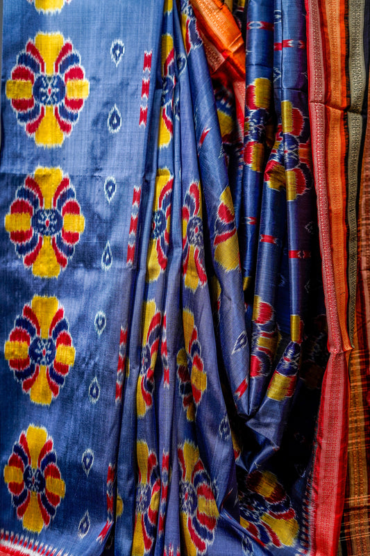 Khandua Silk Saree (Slate Blue) - Atulyakarigari