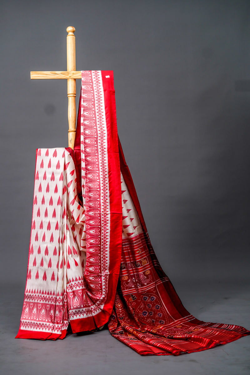 Ivory White and Red Khandua Silk Saree, Odisha