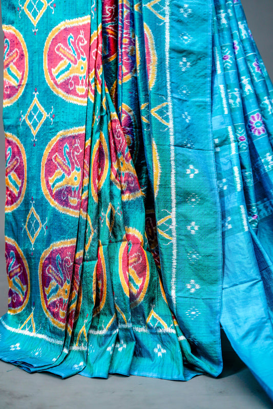 Khandua Silk Saree (Teal Blue & Multicolor) - Atulyakarigari