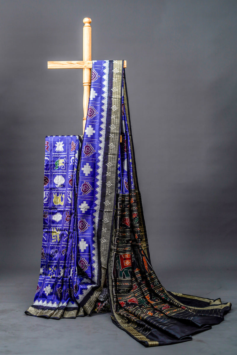 Deep Blue Khandua Silk Saree, Black Border, Odisha