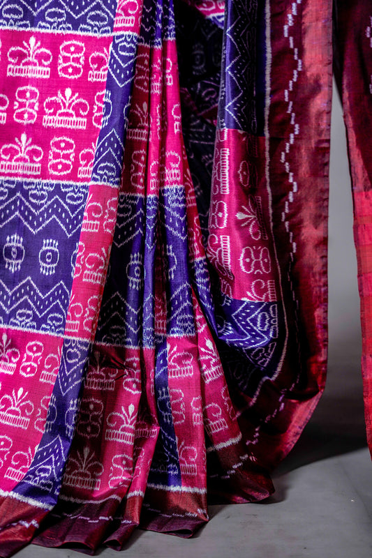 Khandua Silk Saree (Midnight Blue & Black with Silver-Grey Accents) - Atulyakarigari