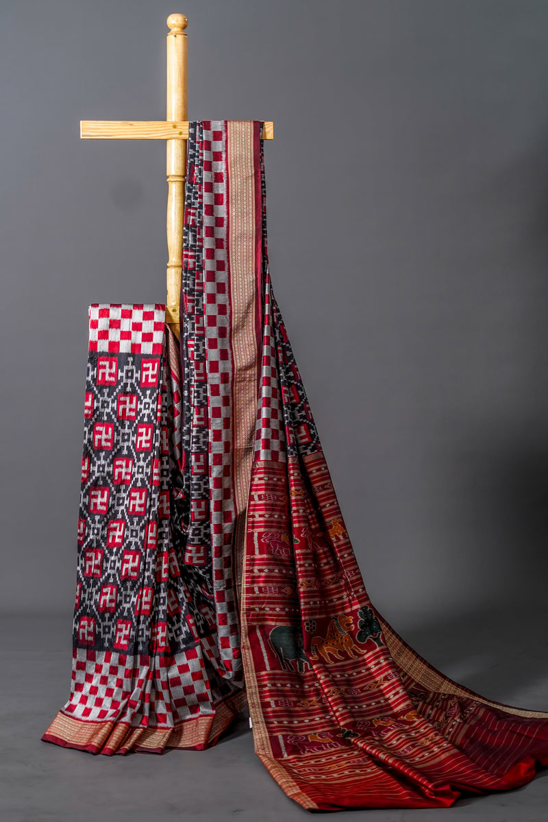 Black and White Khandua Silk Saree, Odisha Handloom