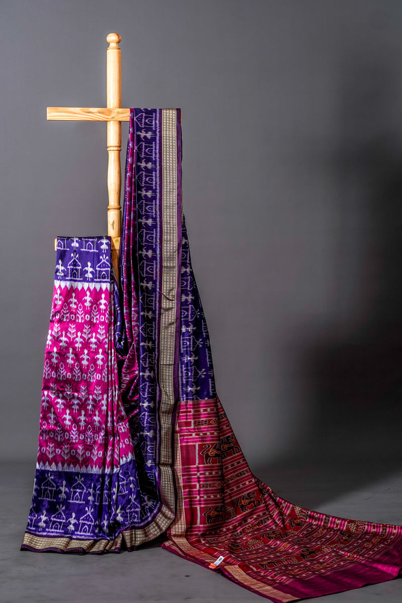 Magenta Khandua Silk Saree, Deep Blue, Odisha