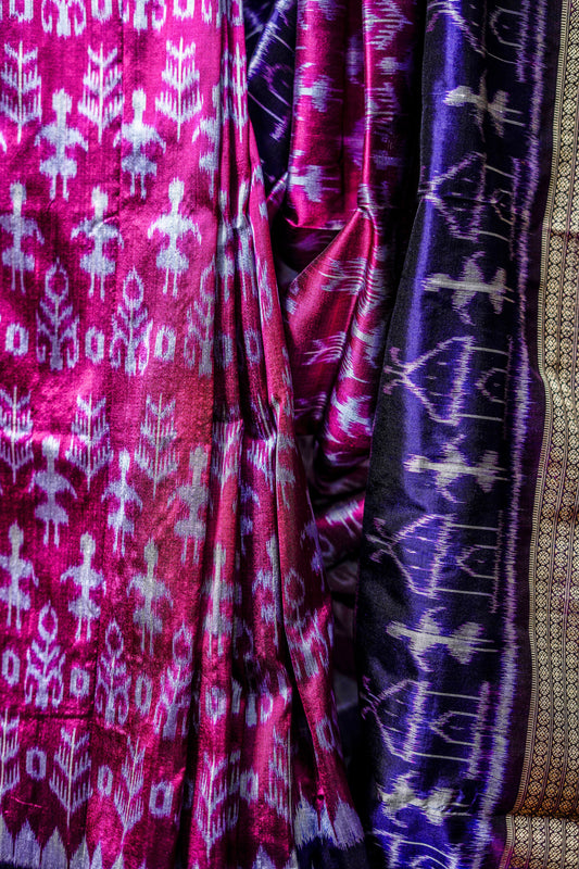 Khandua Silk Saree (Magenta with blend of deep blue ) - Atulyakarigari