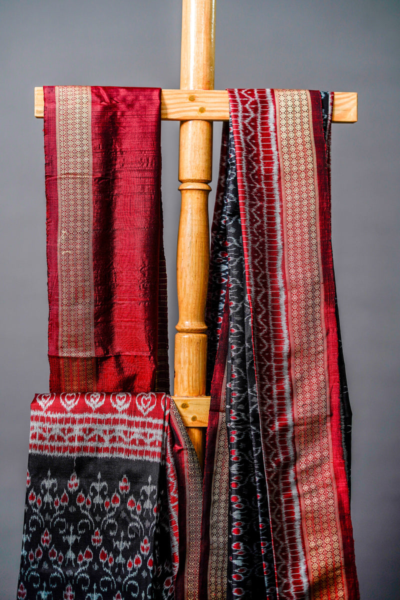 Maroon and Black Khandua Silk Saree, Odisha