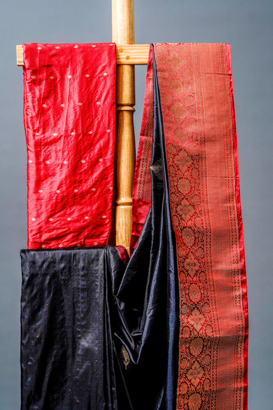 Katan Banarasi Saree (Black with red and gold zari work) - Atulyakarigari