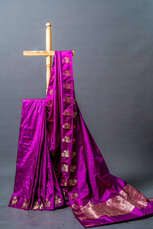 Katan Banarsi (Rich purple with gold zari motifs)