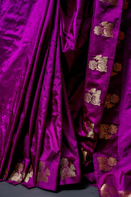Katan Banarasi Saree (Rich purple with gold zari motifs) - Atulyakarigari