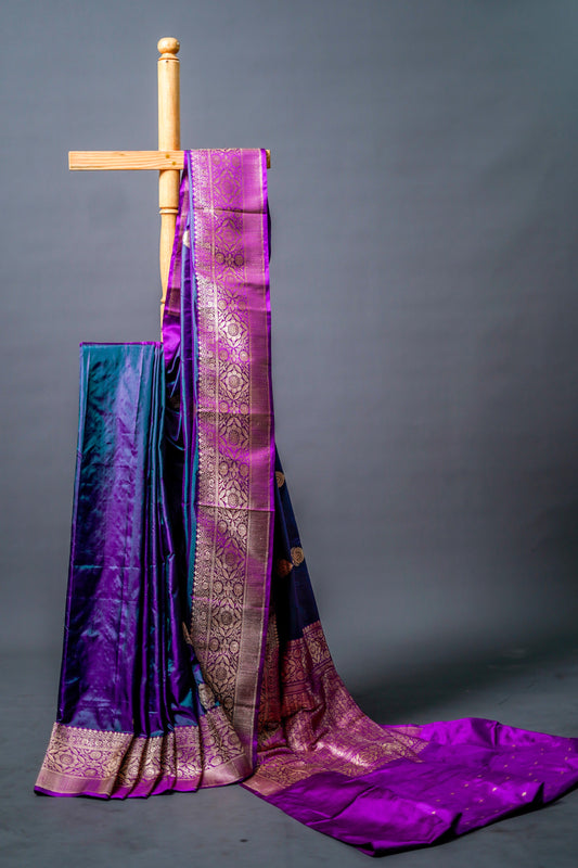 Katan Banarsi (Elegant blend of deep purple and black with golden zari detailing)