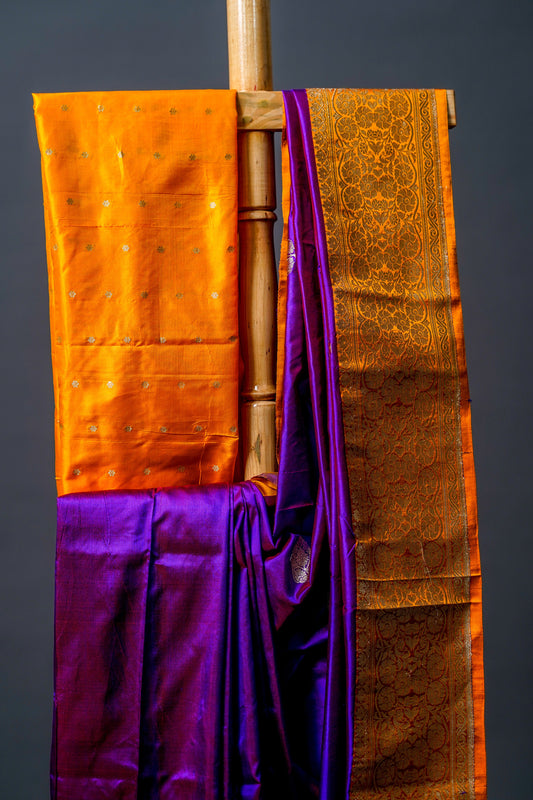 Katan Banarasi Saree (Royal purple with golden zari border) - Atulyakarigari
