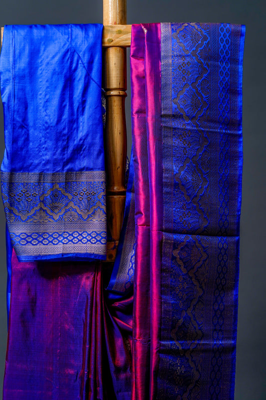 Katan Banarasi Saree (Royal blue and deep purple) - Atulyakarigari