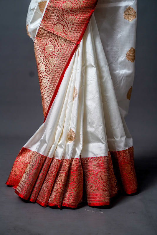 Katan Banarasi Saree (White base with brownish ) - Atulyakarigari