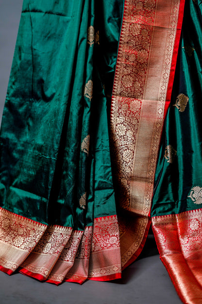 Katan Banarsi (Deep green with gold zari work)