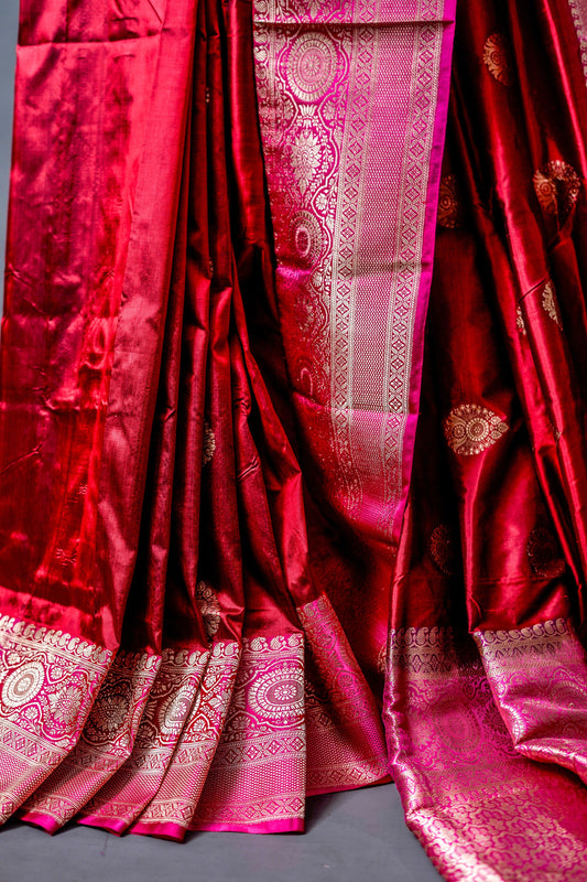 Katan Banarasi Saree (Deep magenta and maroon) - Atulyakarigari