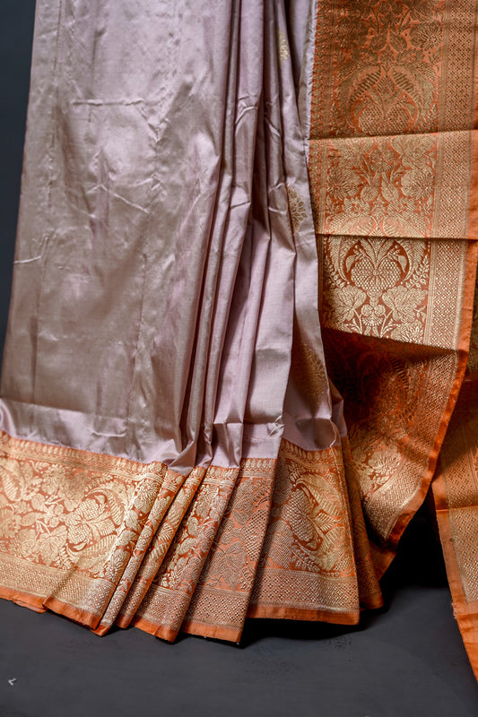 Katan Banarasi Saree (soft pastel shades with rich golden-brown borders) - Atulyakarigari