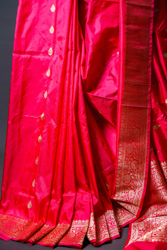 Katan Banarasi Saree (Bright pink/magenta with gold zari work) - Atulyakarigari
