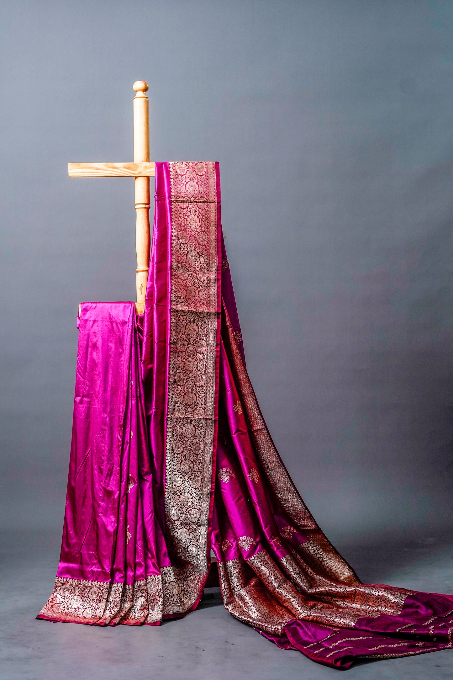 Pure Katan Banarsi (Rich purple with gold zari motifs)