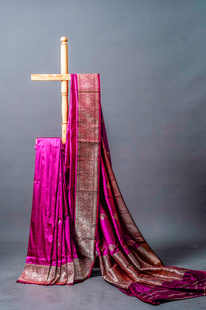 Pure Katan Banarsi (Rich purple with gold zari motifs)