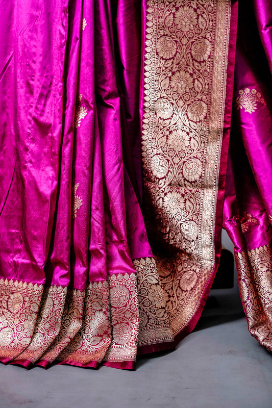 Pure Katan Banarasi Saree (Rich purple with gold zari motifs) - Atulyakarigari